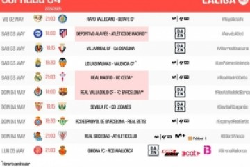 西甲第34轮时间：5月4日3点皇马vs塞尔塔 20点巴拉多利德vs巴萨